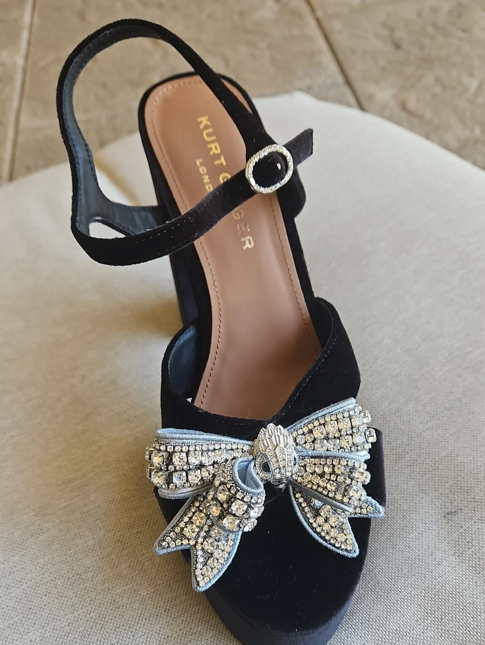 Kurt Geiger Black Velvet Bow Kensington Platform Sandal